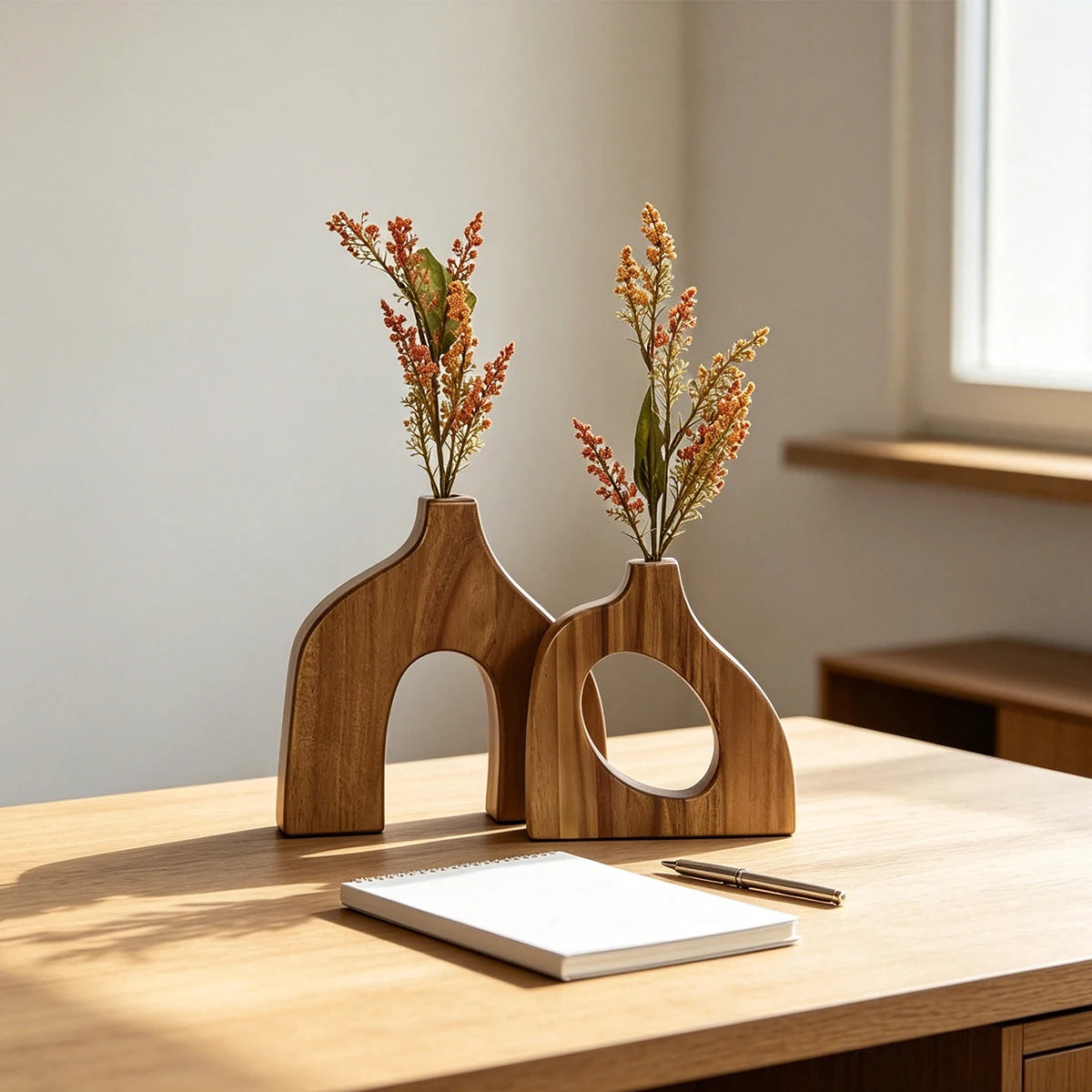 2-Pack Wooden Vases – Scandinavian Tabletop Centerpiece Decor