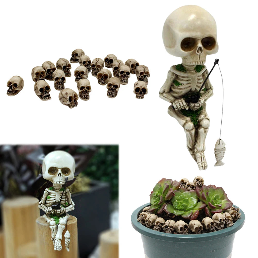 Resin Cute Skull Fisher Sculpture Halloween Decor Mini Figurines