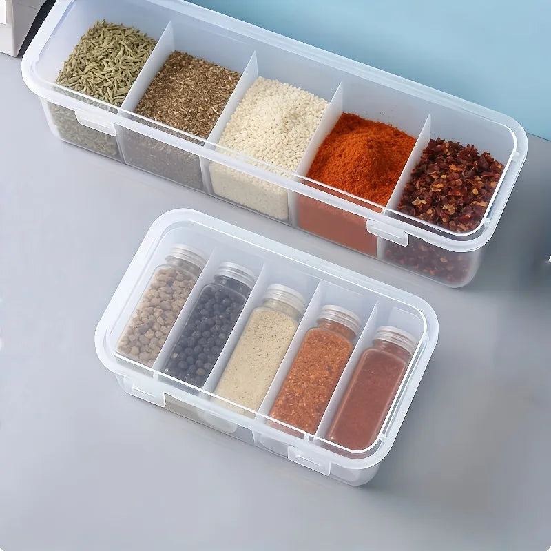 5-Compartment Spice Storage Box Lid Large Organizer Salt Pepper
