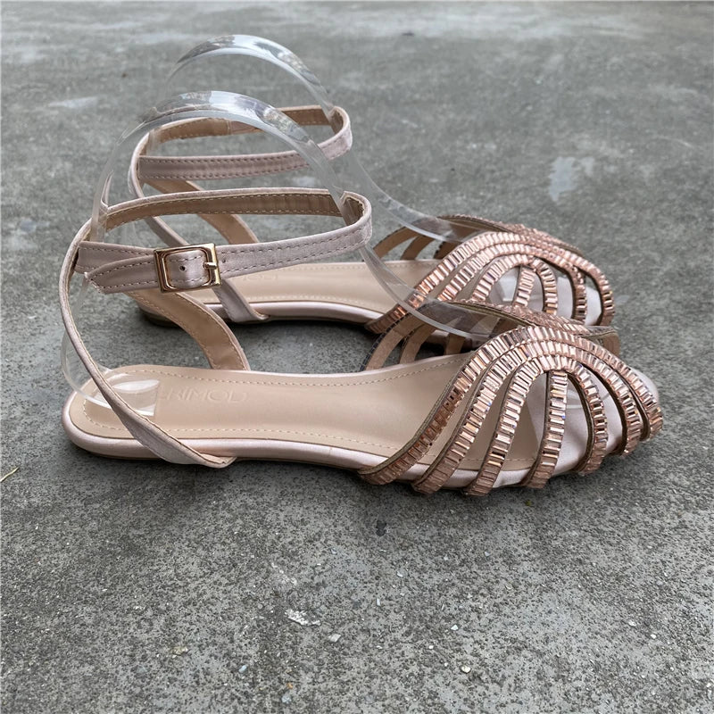 Fashion Roman Sandals Women 2023 Summer New French Gladiator Flat Bottom Rhinestone Black Women Slippers Luxury Sandals Zpaxo