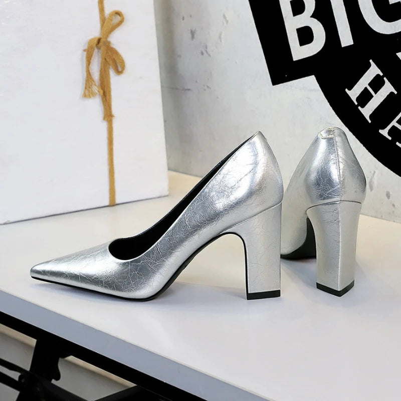 Silver Crackled Metallic Pointed Toe Block Heel Pumps Women Shiny Zpaxo