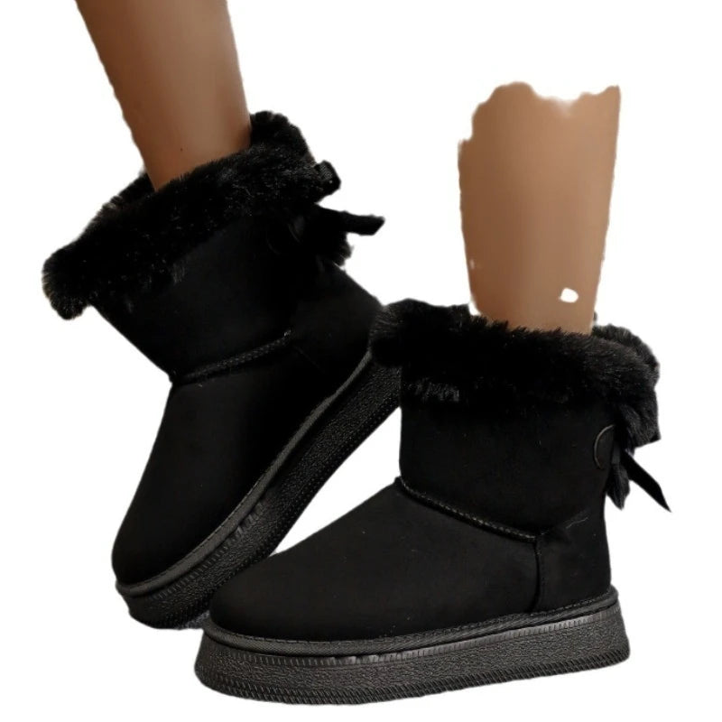 Platform Snow Boots Women's Winter Round Toe Suede Bow Fleece