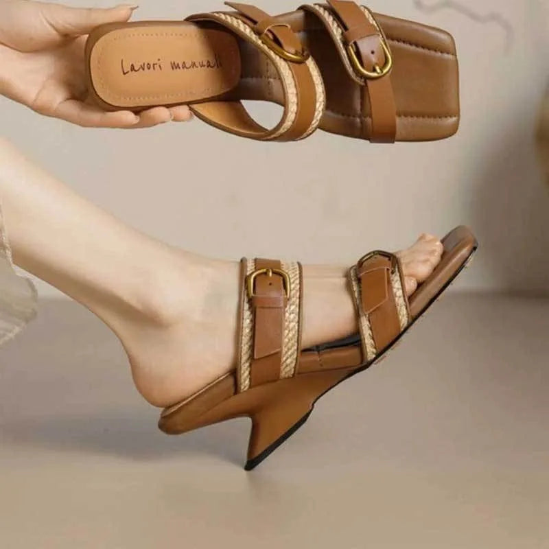 Vintage Braided Belt Buckle Open Toe Wedges Women's Summer