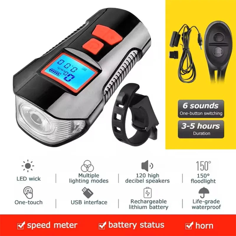 Flash Light Portable 3 in 1 Bicycle Front Light Rechargeable Code Table Electric Horn 4 Lighting Modes 6 Sounds Bike Accessories Zpaxo Red 35