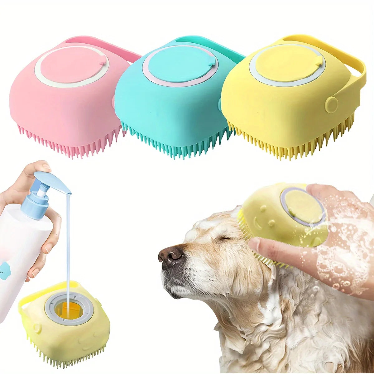 Dog Bathing Brush Pet Massage Shampoo Dispenser Soft Silicone Rubber