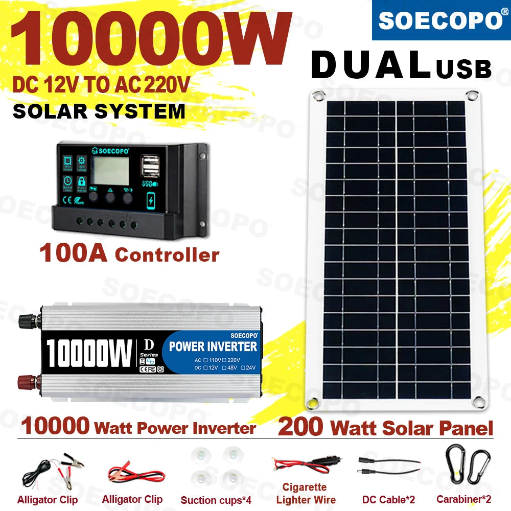 Solar System 10000W Complete 12V 220V 100A Controller 200W Panel