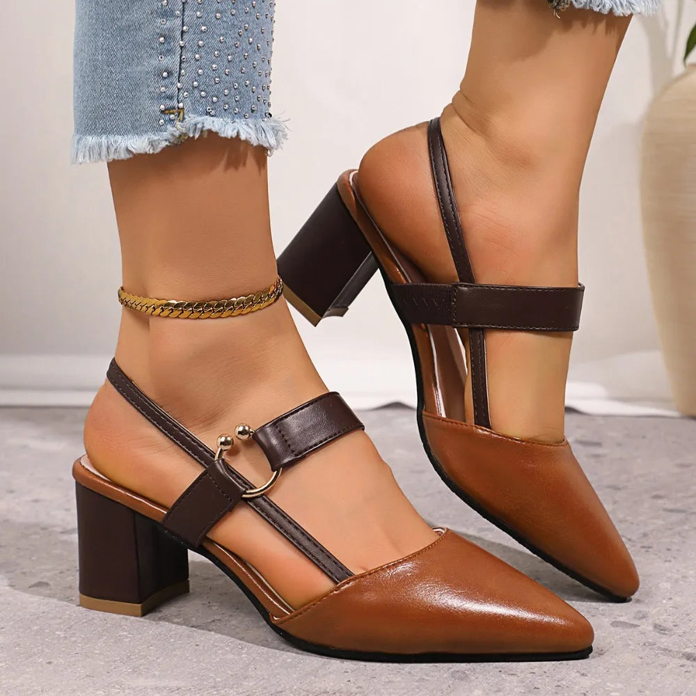 Elegant Pointed Toe Chunky Heel Sandals Women Summer Slingback Heels Zpaxo 36 Brown