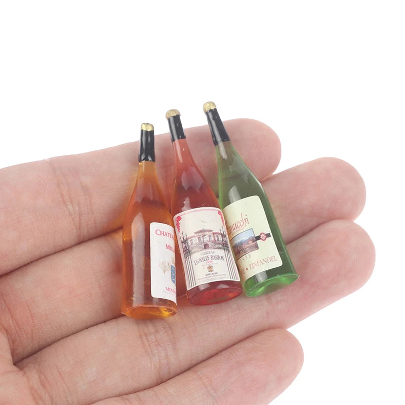 ▶3Pcs 1:12 Dollhouse Miniature Simulation Wine Bottle Wine Glass Model Toys Zpaxo D