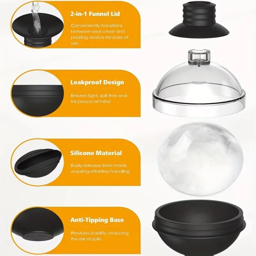 Silicone Ice Ball Maker Whiskey Large Sphere Mold 1 Funnel Lid Zpaxo