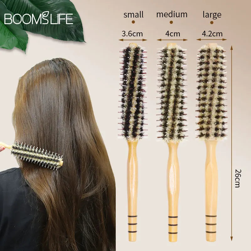 Natural Boar Bristle Rolling Brush Barber Hair Roller Wood Hair Brush Round Barrel Hair Comb for Women Curly Hair Hairdressing Zpaxo