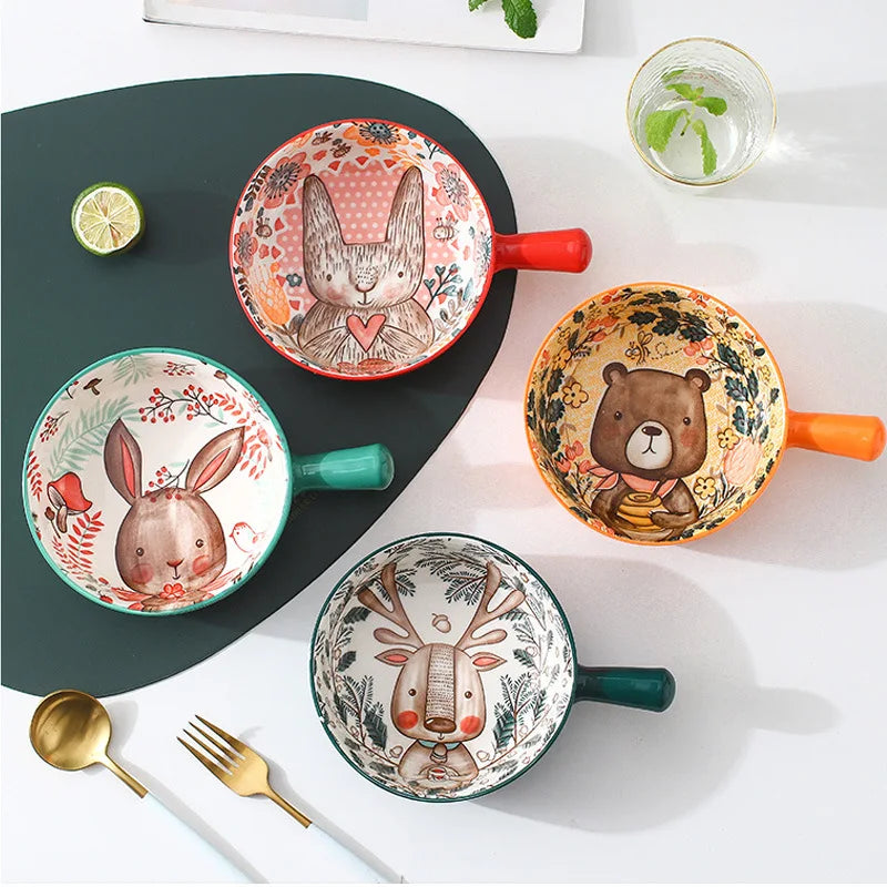 Japanese Cartoon Salad Ceramic Handle Bowl Noodles Bowl Cute Animal Pattern Handle Bowl Breakfast Creative Bureau Rice Bowl Zpaxo