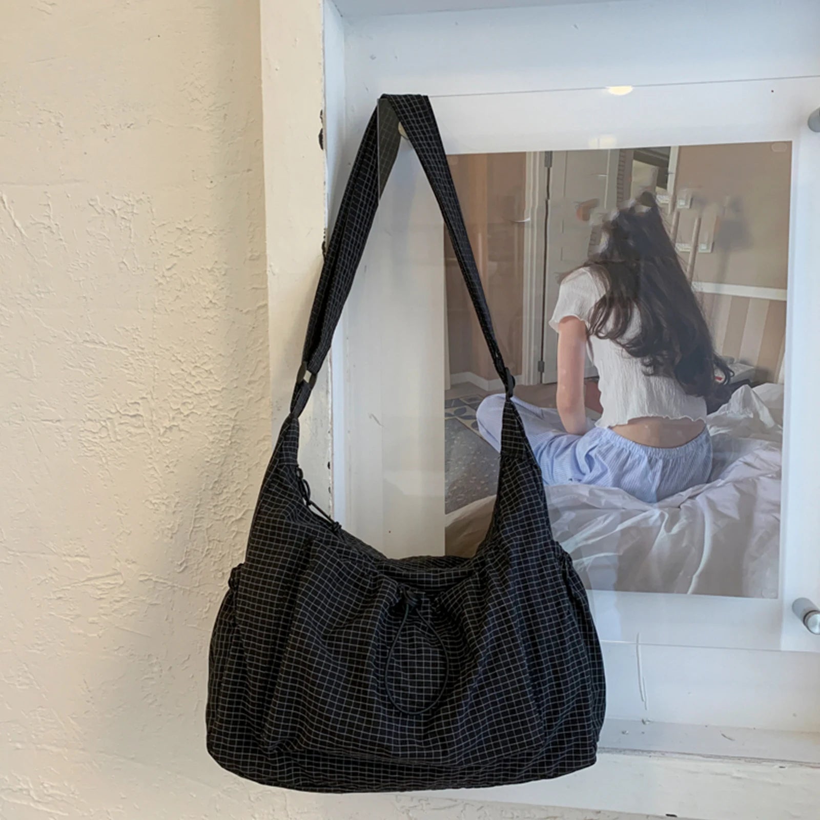 Women Pleated Cloud Shoulder Bag Nylon Stylish Plaid Tote Bag Large Capacity Trendy Satchel Bag Commute Handbag Zpaxo