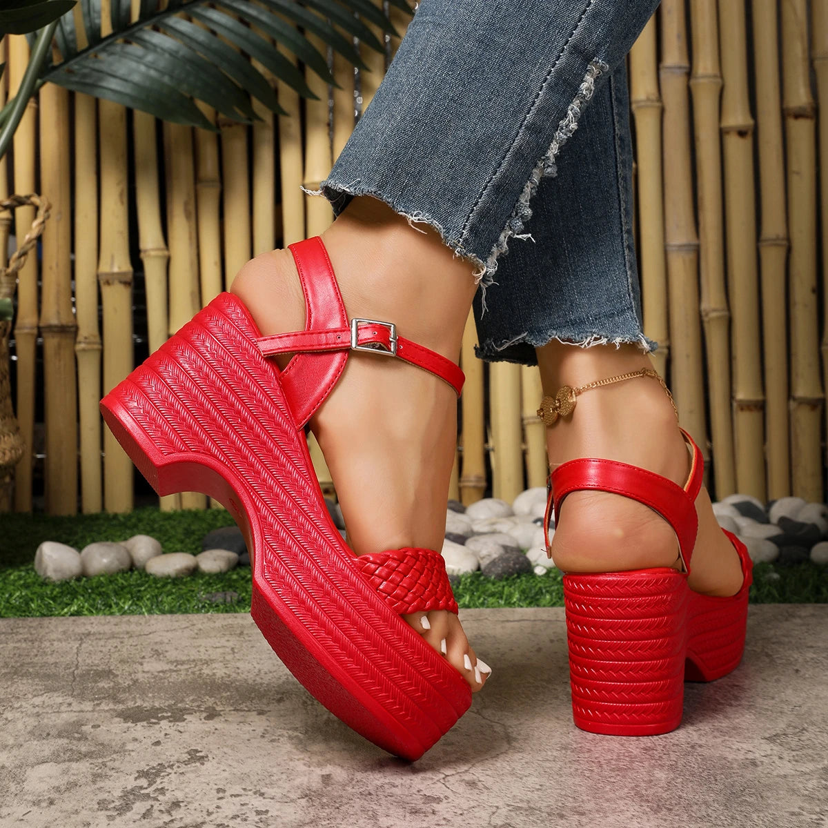 Red Ankle Strap Chunky Platform Sandals Women Fashion Woven Wedge Zpaxo