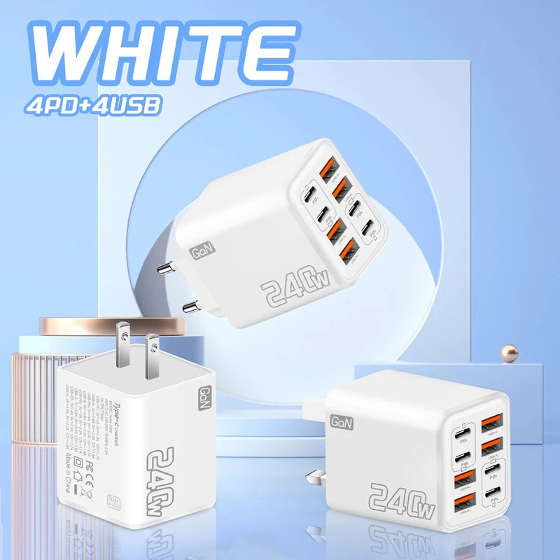 240W GaN USB C Charger 8 in 1 Fast Charging Phone Charger Power Adapter For iPhone Samsung Xiaomi Type C EU/US Plug Wall Charger Zpaxo