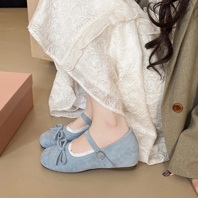 Flat Shoes for Women Spring and Autumn 2025 Suede Inside and Increased Height Mary Jane Shoes New Butterfly Bow Square Toe Shoes Zpaxo