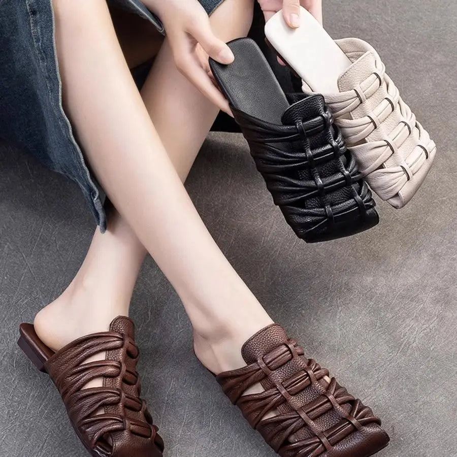 2025 Summer New Genuine Leather Weaving Breathable Square Toe Flat Slippers Retro Versatile Women's Shoes Zpaxo