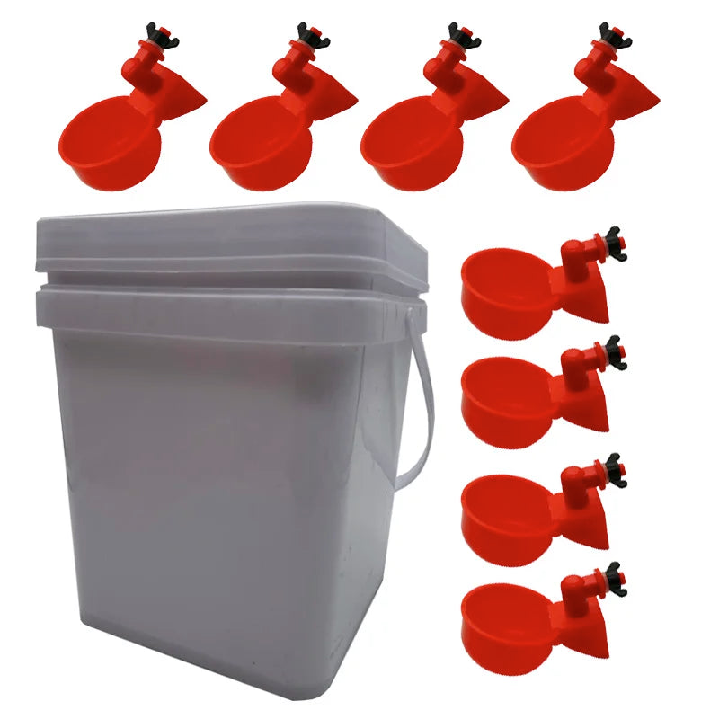 White Chicken Duck Goose Bucket Feeder Waterer 8 Auto-fill Cup 4 Port
