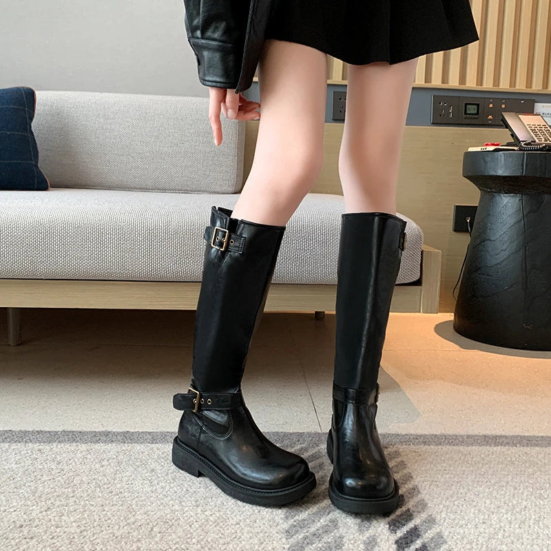 Womens Black Leather Square Toe Knee Boots Buckle Straps Chunky Zpaxo