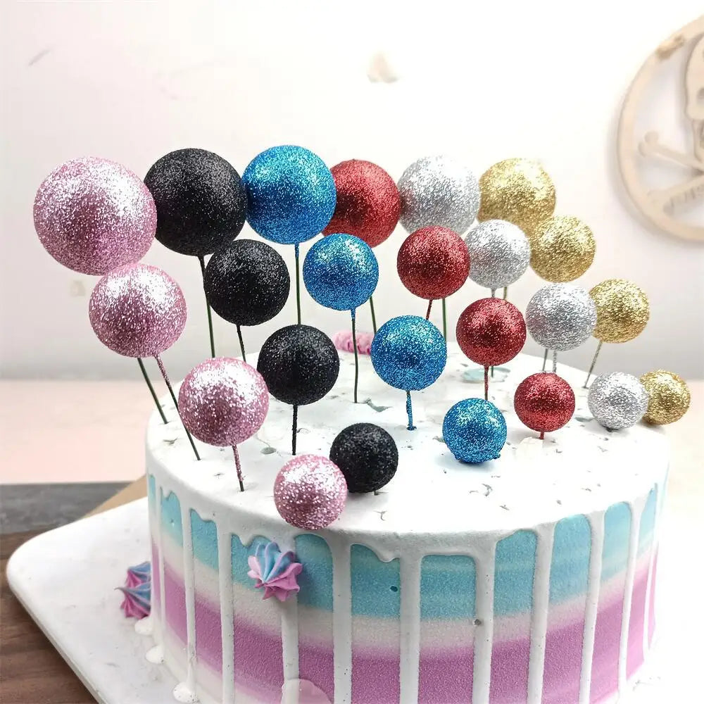 Glitter Metal Ball Cake Toppers Gold Silver Blue Pink Cupcake Topper