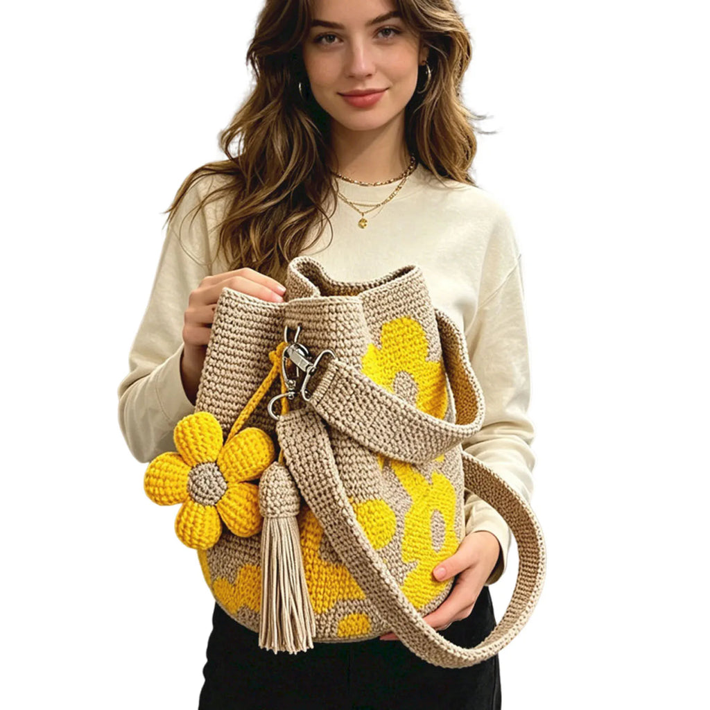 Boho Beach Handbag with Flower Tassel Needlepoint Barrel Drawstring Purse Hand-Crochet Woven Summer Beach Bag for Women Vacation Zpaxo