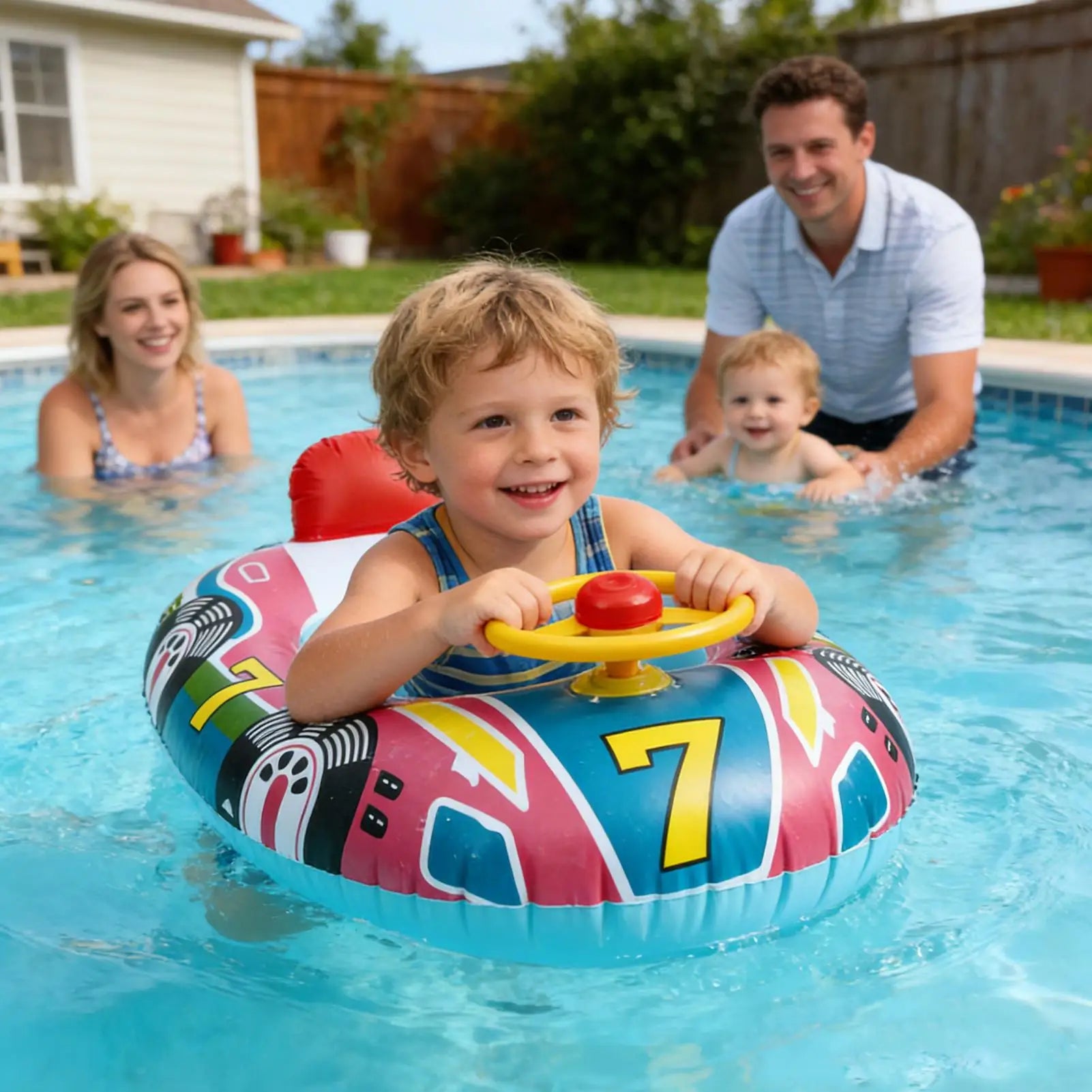 Inflatable Baby Kids Pool Float Steering Wheel Backrest Floating