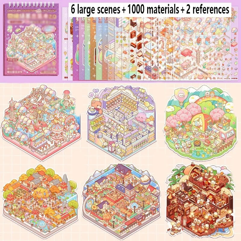 19 PCS Cute Style DIY Small House Stickers, 11 PET Stickers + 6 Scene Cards + 2 Renderings, Spiral Flip Design Zpaxo