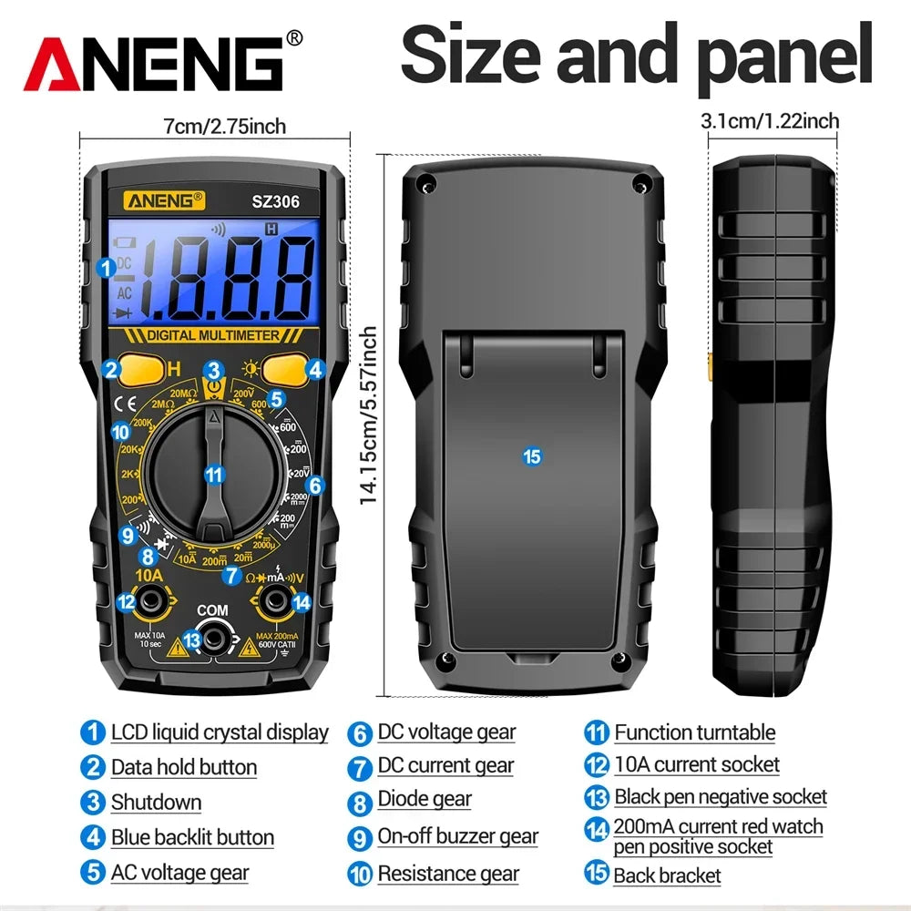 ANENG SZ306 Multimeters 10A Current Testers AC DC Voltage Diode Test