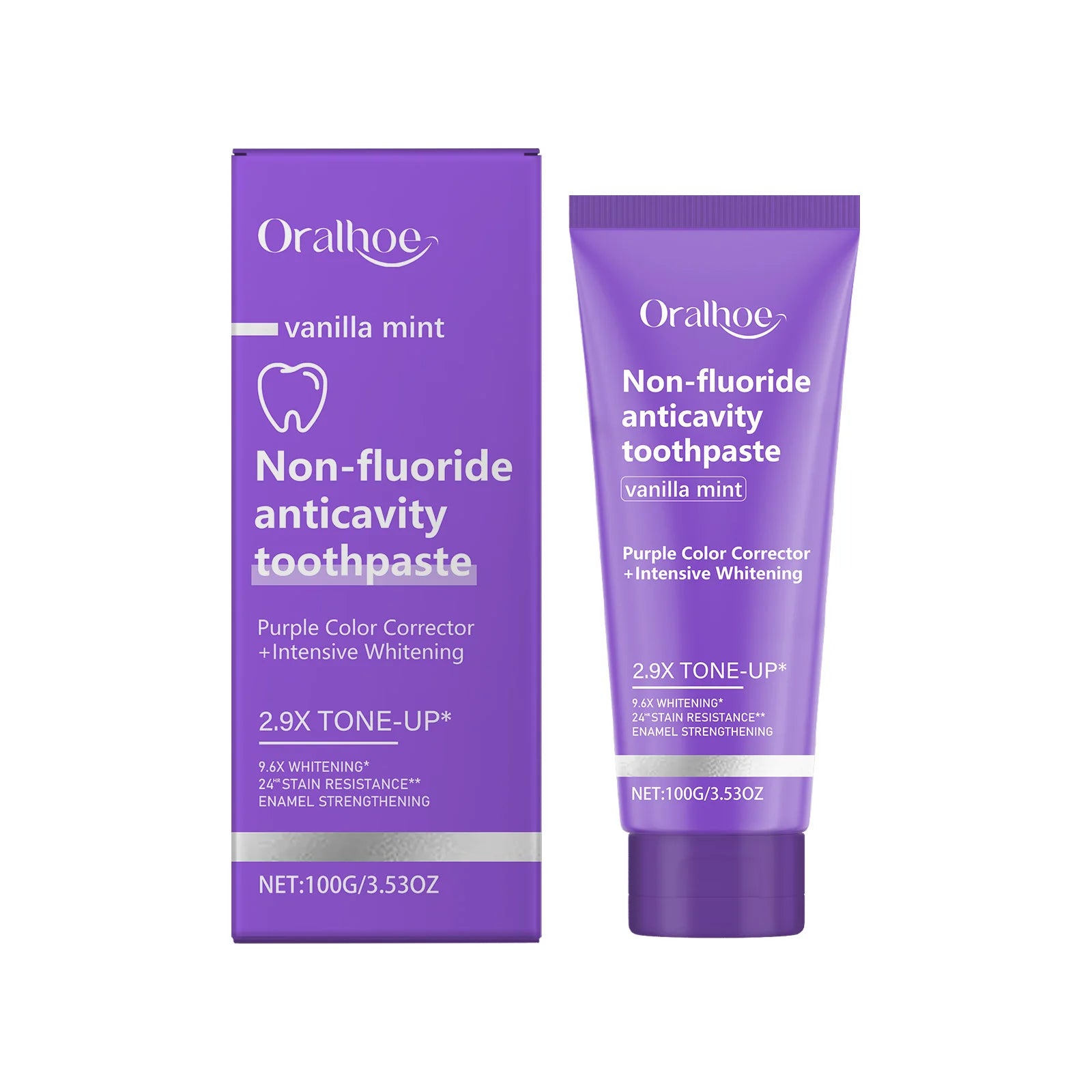 Oralhoe Purple Whitening Toothpaste – Vanilla Mint, Non-Fluoride Whitening Toothpaste Zpaxo 100g boxed