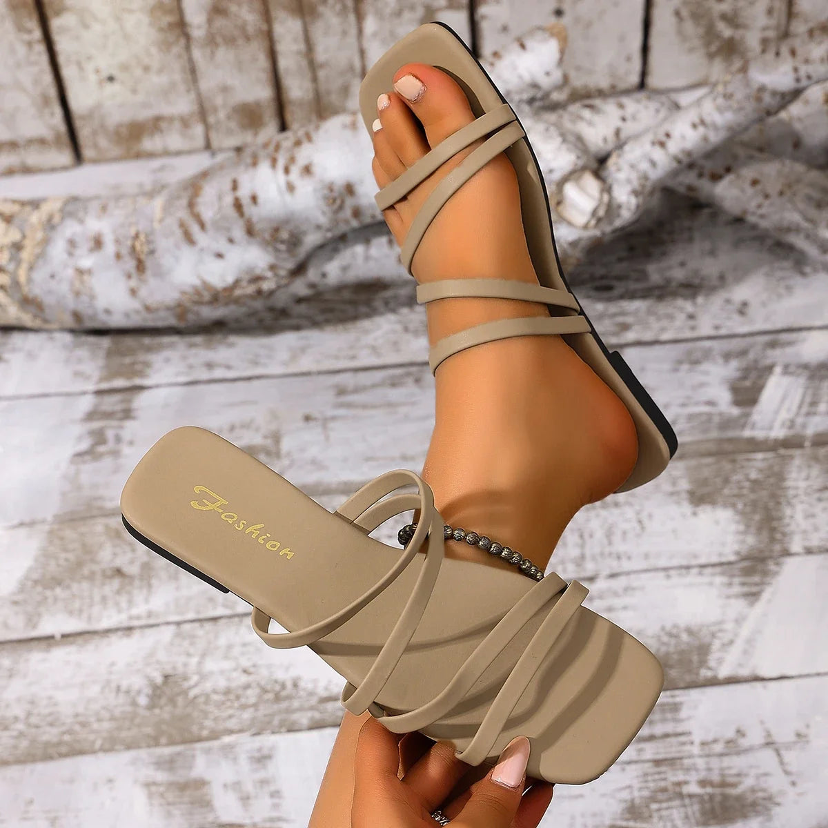 Women Slippers Square Head Tie Roman 2025 Candy Shoes Ladies Zpaxo