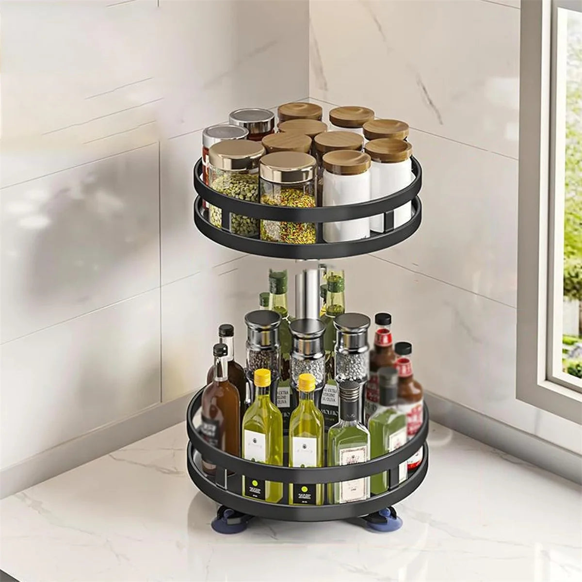 360°Rotation Spice Rack Organizer Jar Cans For Kitchen Accessories Non-Skid Carbon Steel Storage Tray For Seasonings And Spices Zpaxo 2 layer