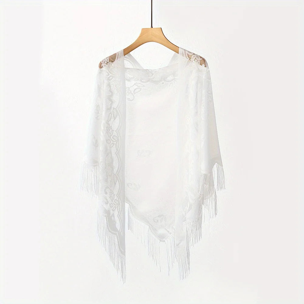 Women's Lace Tassel Triangle Shawl – Wedding & Beach Wrap Lace Shawl Wrap Zpaxo Brown