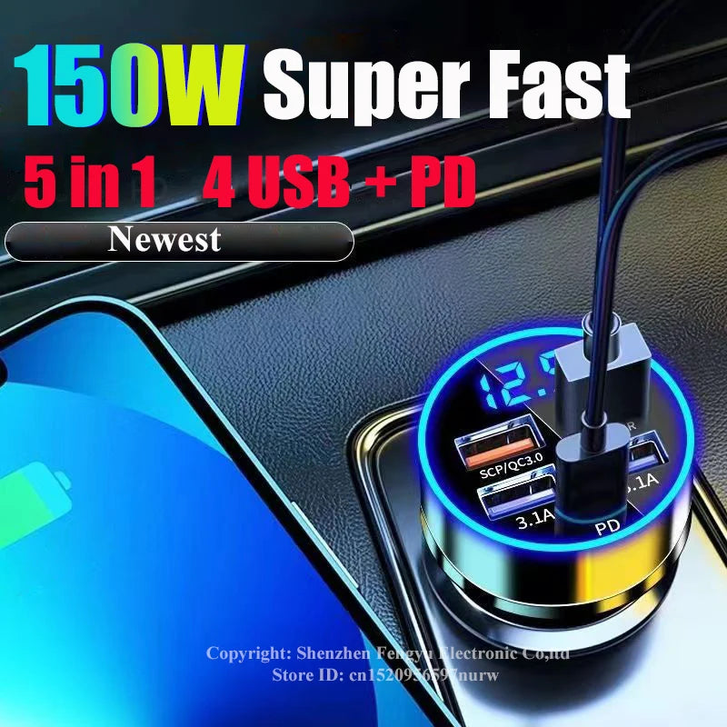 USB Car Charger C 150W 5 Port PD Fast Charging Adapter Iphone 13 Max