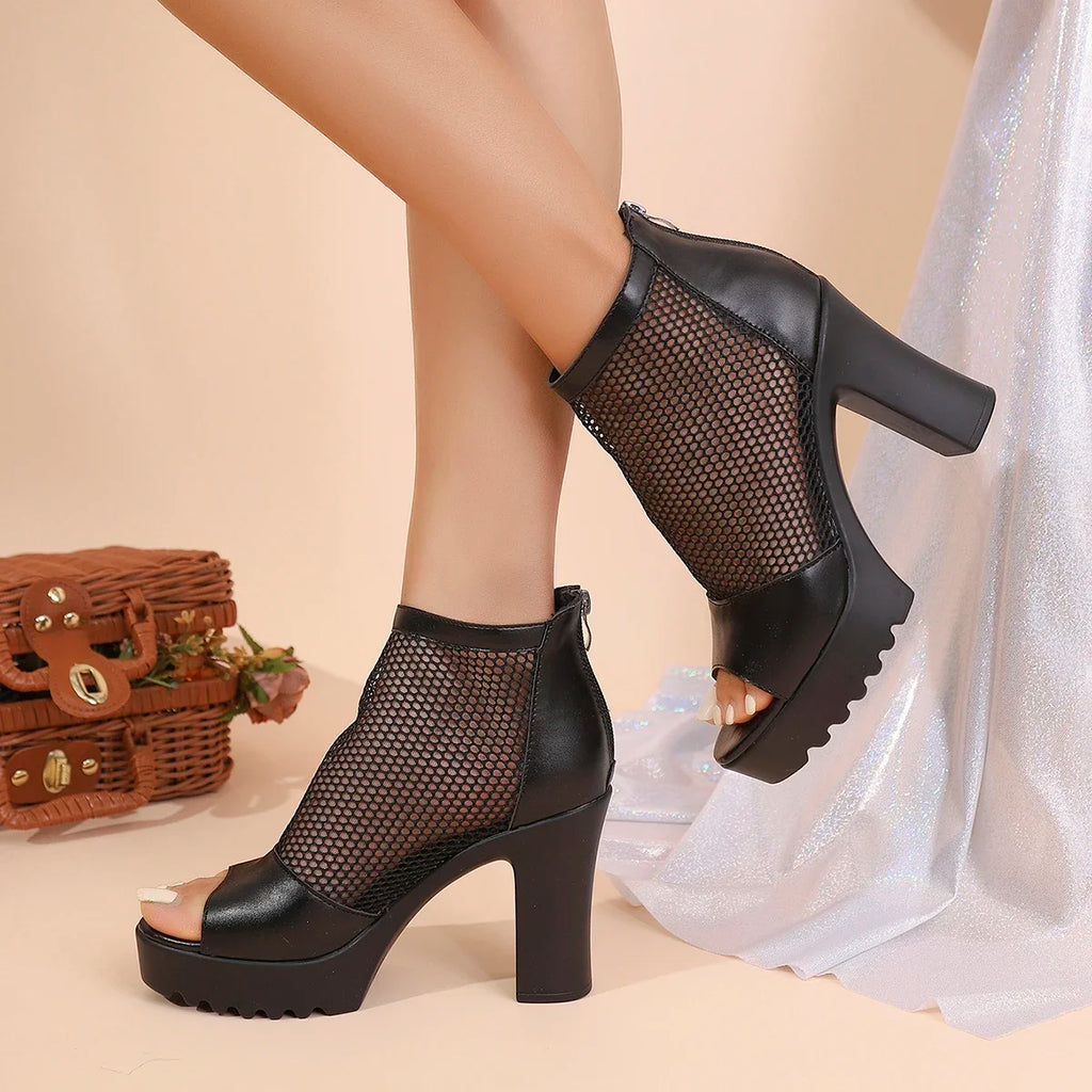 Women High Heels Sandals Breathable Mesh Plus Size Women Shoes 2025 New Fashion Female Sandals Peep Toe Chunky Heels Shoes Women Zpaxo