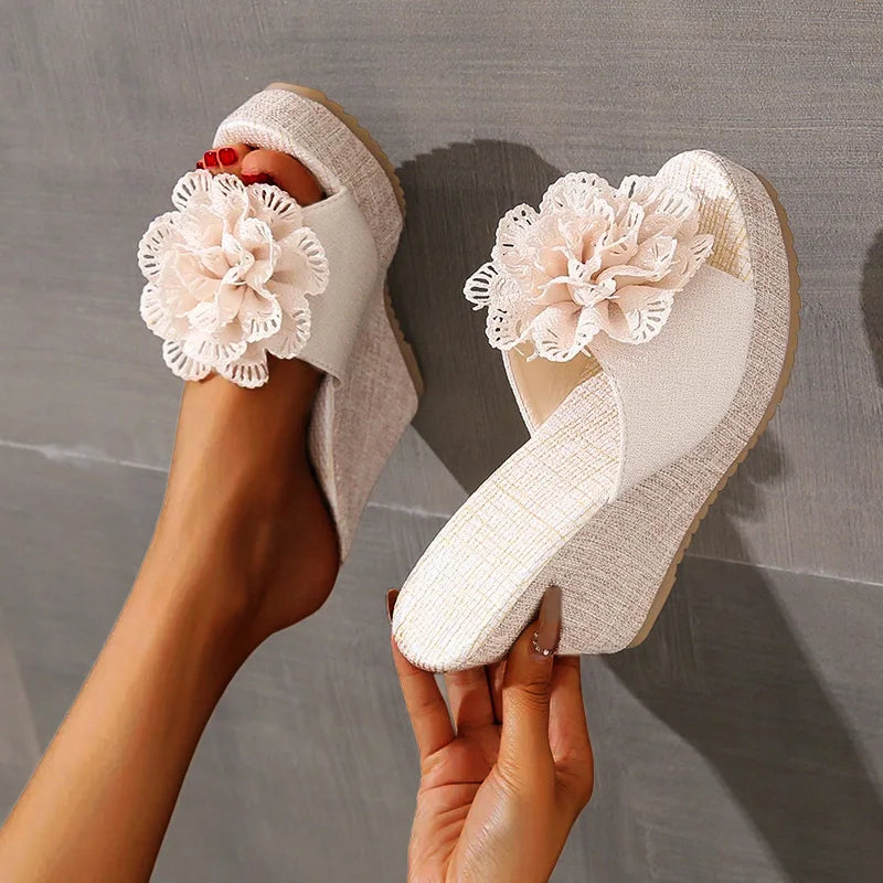 Women Wedges Sandals Summer Beach Platform Shoes Flower Round Headed Solid Color Slippers Women High Heel Shoes Zapatos De Mujer Zpaxo