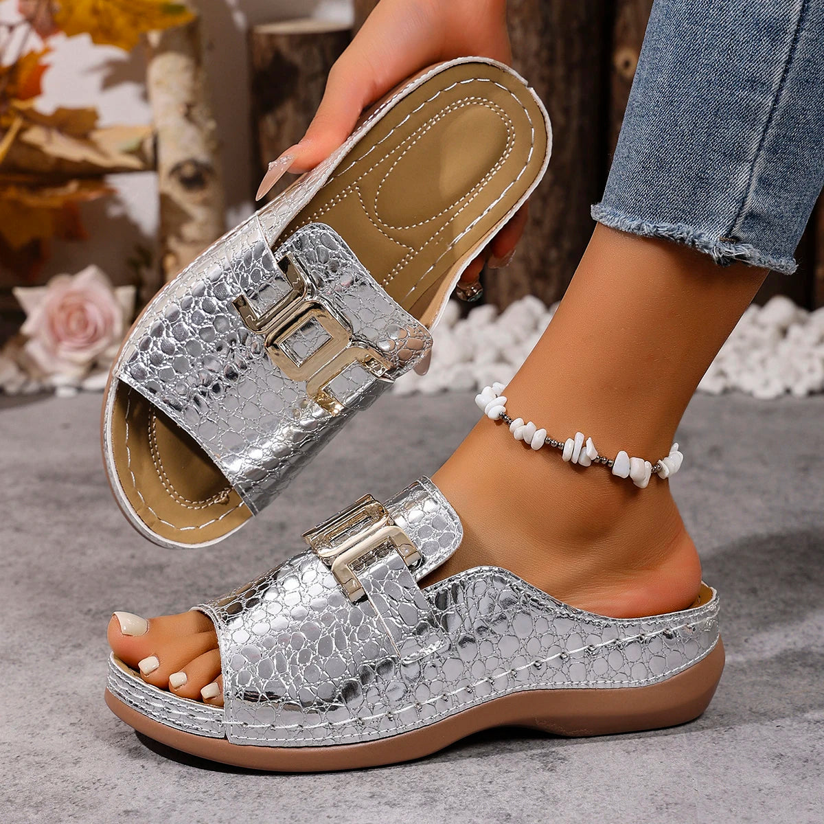 Women Platform Slippers Comfortable Round Shoes Slip Trend Casual Zpaxo Silver 40