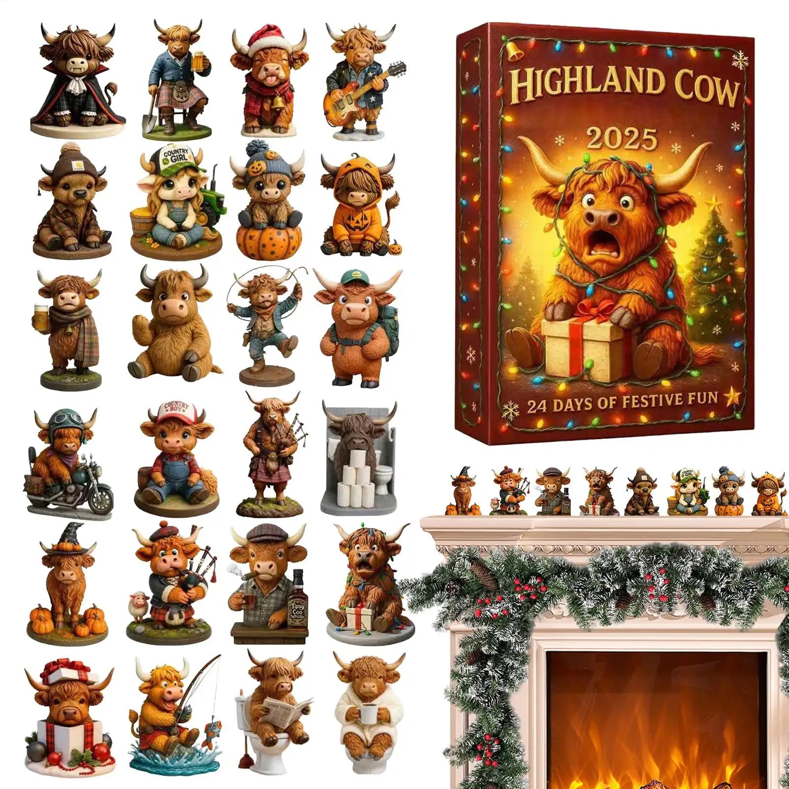 3D Cow Advent Calendar Christmas Countdown Decor 24 Cattle Ornaments