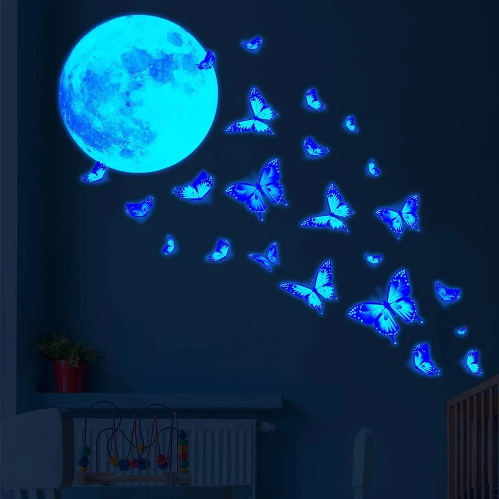 4Pcs/Set Moon & Butterfly Glow In The Dark Wall Sticker Bedroom Home Wall Decoration Zpaxo