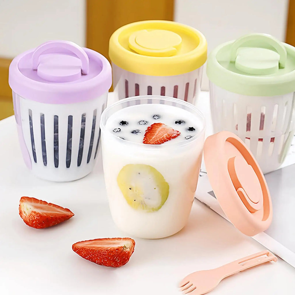 Leak-Proof Yogurt & Salad Cup with Lid, Fork & Drain – 300ml Portable Food Container Zpaxo