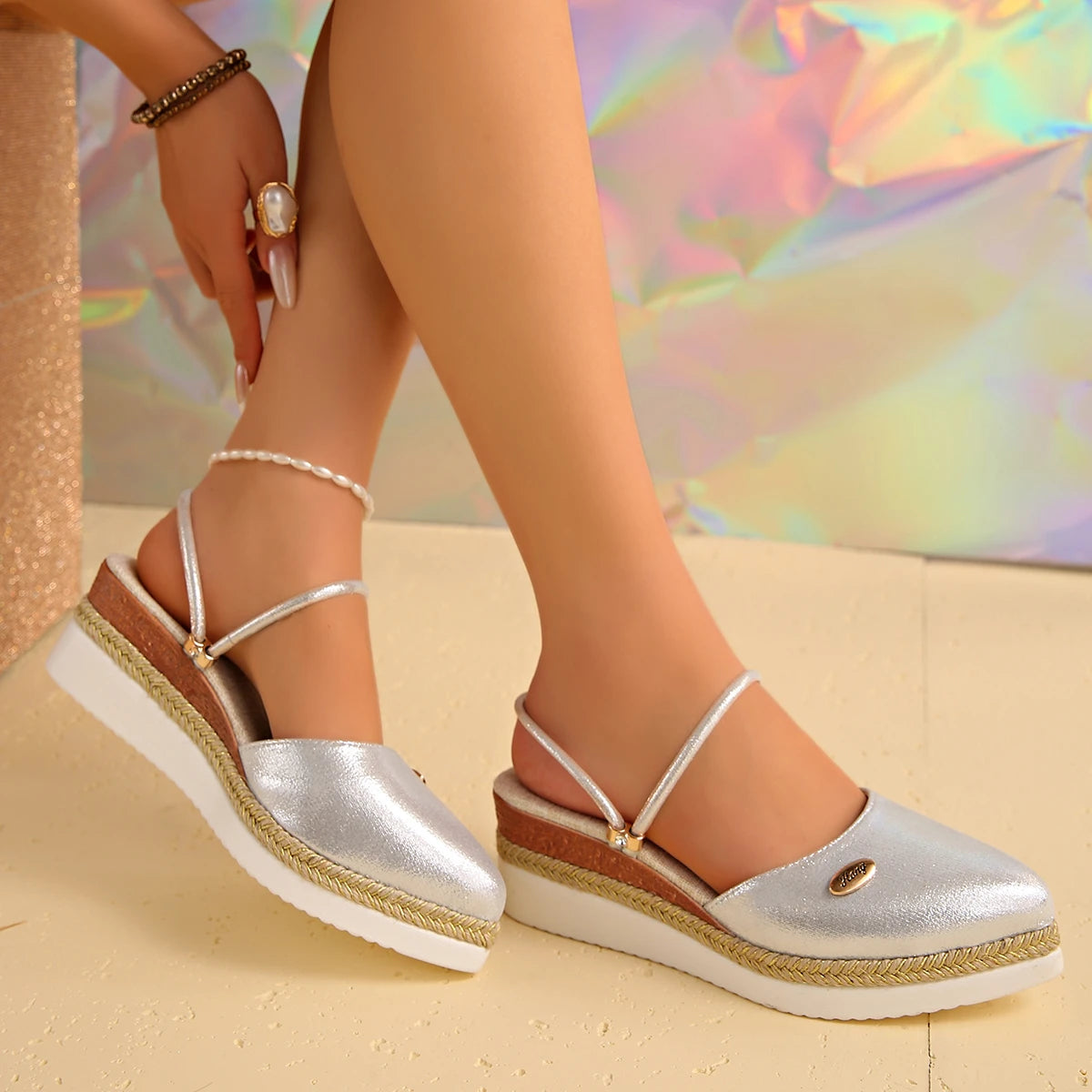 Women Sandals Rope Bottom Thick Bottom Ladies Shoes Fashionable Summer Shoes Large Size Pointed Toe Wedge Heel Sandals Women Zpaxo Silver 42