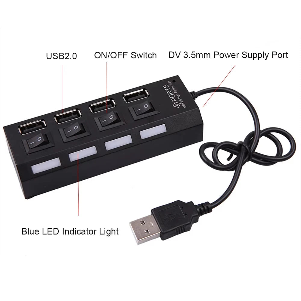 4-Ports USB 2 0 Hub Extension Splitter Independent LED Switch Control