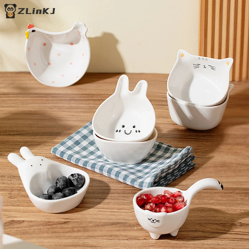 Kitchen Ceramic Dipping Plate Handle Sauce Cute Rabbit Cat Seasoning Zpaxo