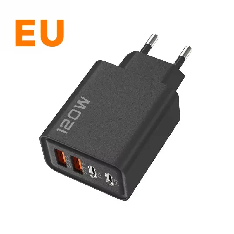 120W 4 Port USB C Charger Fast Charging Data Cable Phone Adapter