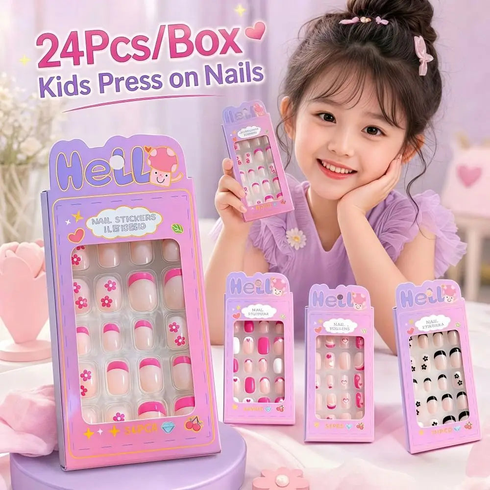 Box Cartoon Press Nails French Black Flower Tips False Almond-shaped Zpaxo