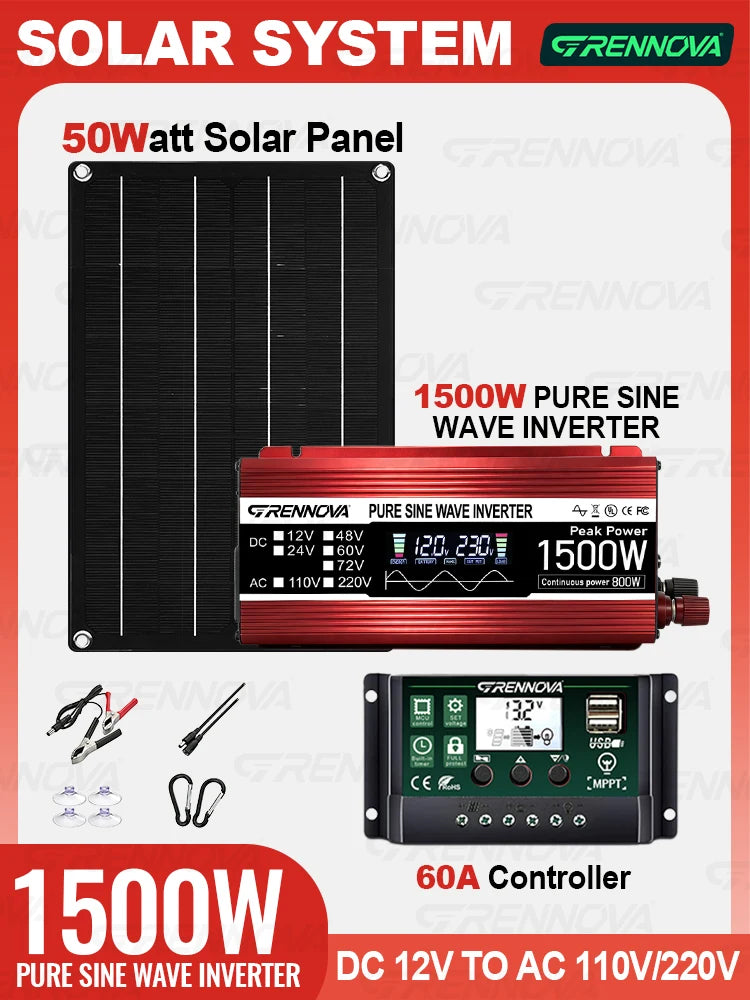1500W Complete Solar Kit 12V To 110V/220V Pure Sine Inverter 60A MPPT Controller True Power Guarantee For RV/Boat/Farm/Van Life Zpaxo