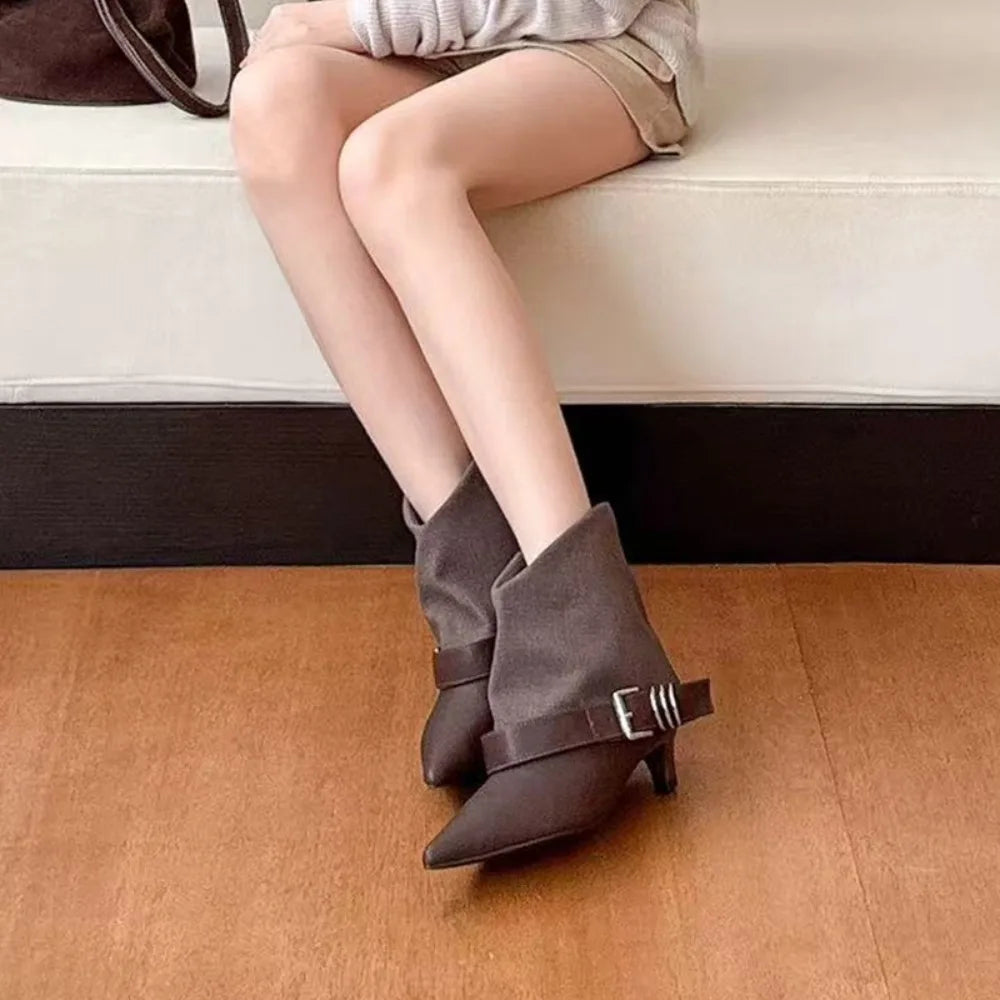 Autumn Winter Pointed Thin Heel Belt Buckle Folded Short Fashion
