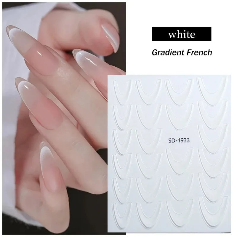 French Gradient Line Nail Art Stickers 3D Self-Adhesive White+Black Slider Design Nail Tip Stencil Manicure Guide DIY Nail Decor Zpaxo 11 White