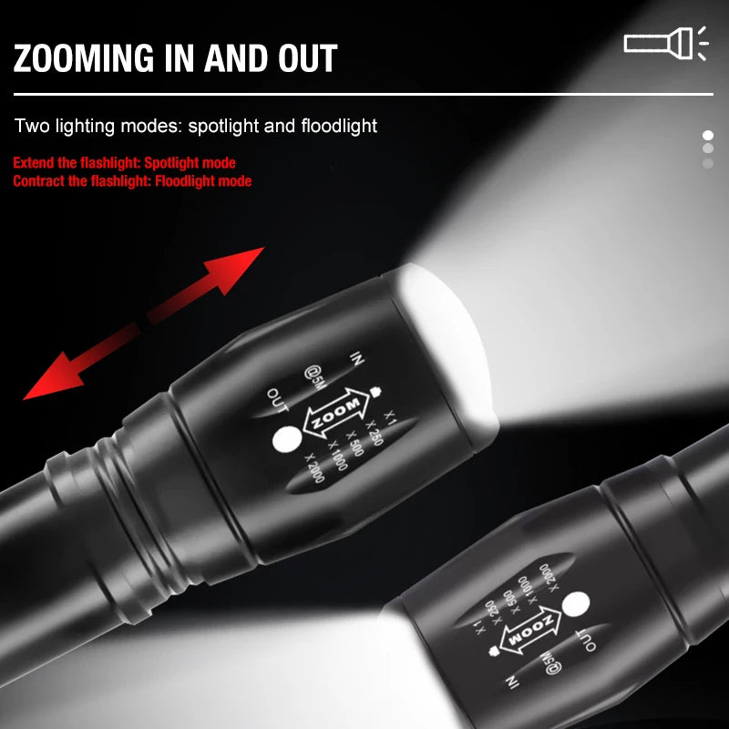 T6 Strong Light Flashlight LED Aluminum Alloy Telescopic Zoom Battery