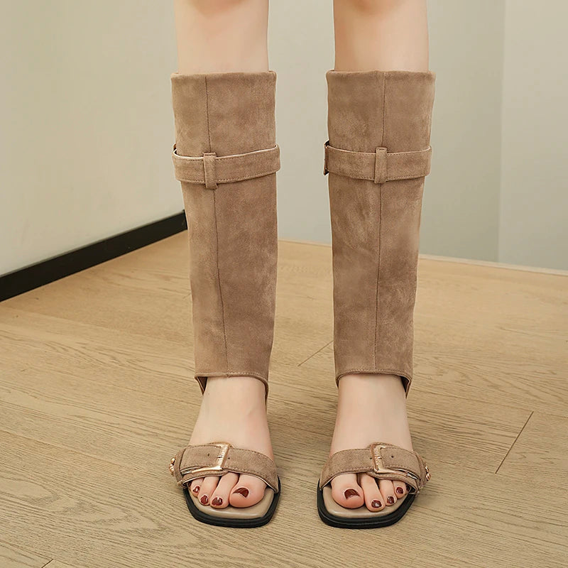 Women's Square Open Toe Vintage Comfortable Solid Wedge Heel Boots Zpaxo khaki 35