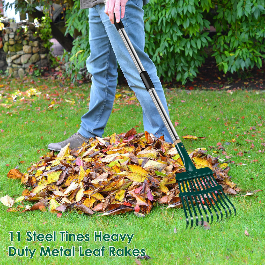 Garden Leaf Rake 51.6 inch Adjustable Long Handle With 11 Prong High Strength Shrub Flower Bed Cleaning Rake for Autumn Garden Zpaxo