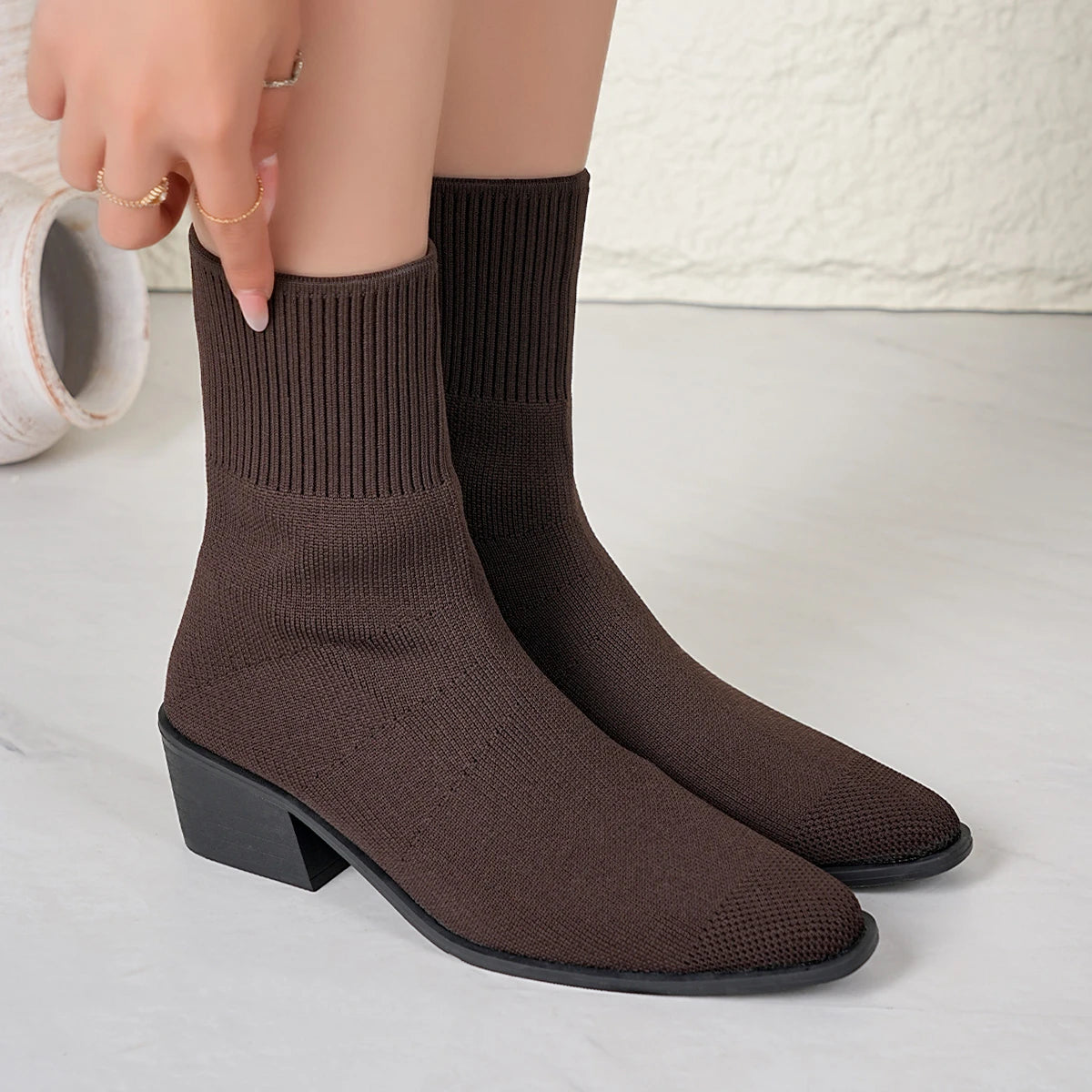 Shoes for Women 2025 New Winter Knitted Shoes Female Stretch Fabric Socks Women Low Heel Short Boots Pointed Toe Ankle Booties Zpaxo